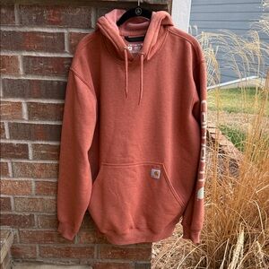 Carhartt Ladies/Unisex M Loose Fit Rust Orange Pullover Hoodie with Sleeve Logo